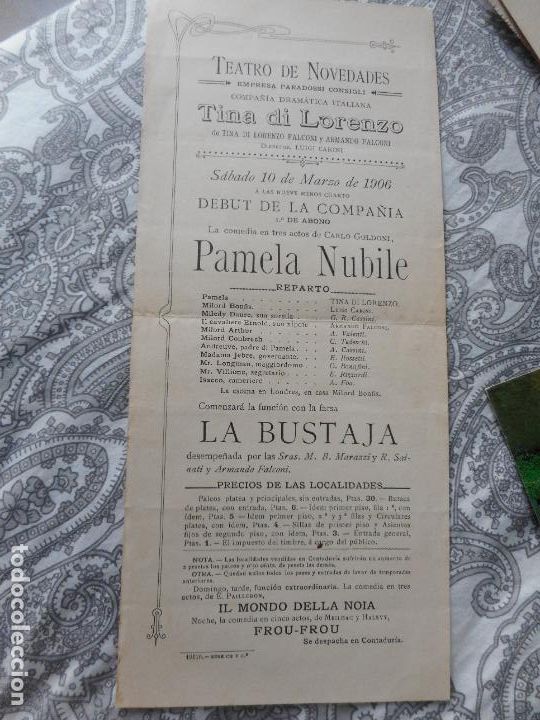 Poster collecting: ANTIGUO CARTEL.TEATRO NOVEDADES.TINA DI LORENZO.PAMELA NUBILE.1906.LUIGI CARINI.ARMANDO FALCONI.