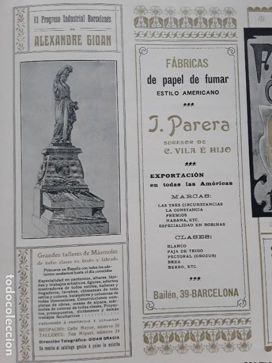 Collezionismo di affissi: GRANDES TALLERES MARMOLES .EL PROGRESO INDUSTRIAL BARCELONES DE ALEXANDRE GIOAN HOJA A&Ntilde;O 1907