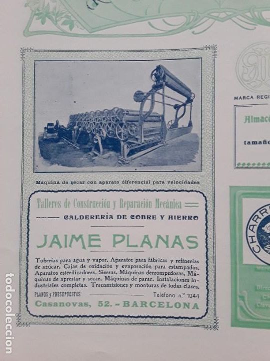 Collezionismo di affissi: TALLERES CONSTRUCCION Y REPARACION MECANICA CALDERERIA COBRE HIERRO JAIME PLANAS BARCELONA A&Ntilde;O 1907