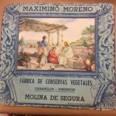 Coleccionismo de carteles: MURCIA MAXIMO MORENO MOLINA DE SEGURA CONSERVAS VEGETALES,CARAMELOS,PIMENTÓN 24 X 22 C. Lote 290026093
