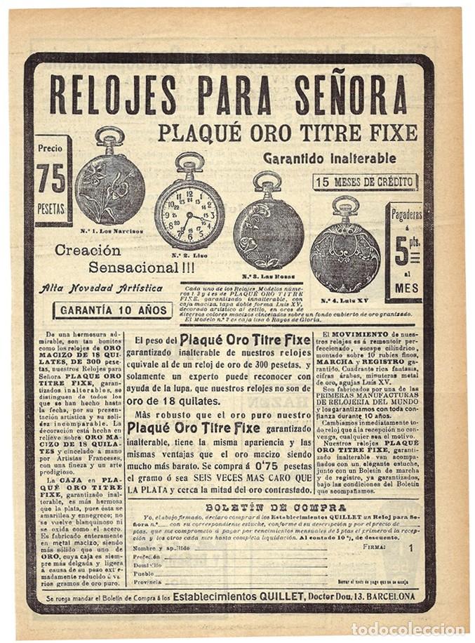 Coleccionismo de carteles: 1913 HOJA REVISTA PUBLICIDAD ANUNCIO RELOJES BOLSILLO PARA SE&Ntilde;ORA PLAQU&Eacute; DE ORO TITRE FIXE QUILLET