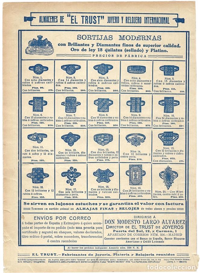 Coleccionismo de carteles: 1913 HOJA REVISTA PUBLICIDAD ANUNCIO EL TRUST JOYERO Y RELOJERO - SORTIJAS MODERNAS ORO Y DIAMANTES