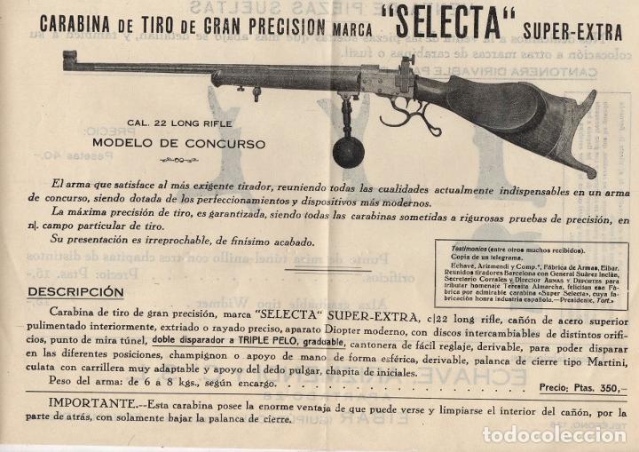 Coleccionismo de carteles: HOJA PUBLICITARIA CARABINA DE TIRO MARCA SELECTA. ECHAVE, ARIZMENDI Y CIA. EIBAR. GUIPUZCOA. C. 1930 - Foto 1 - 304052198
