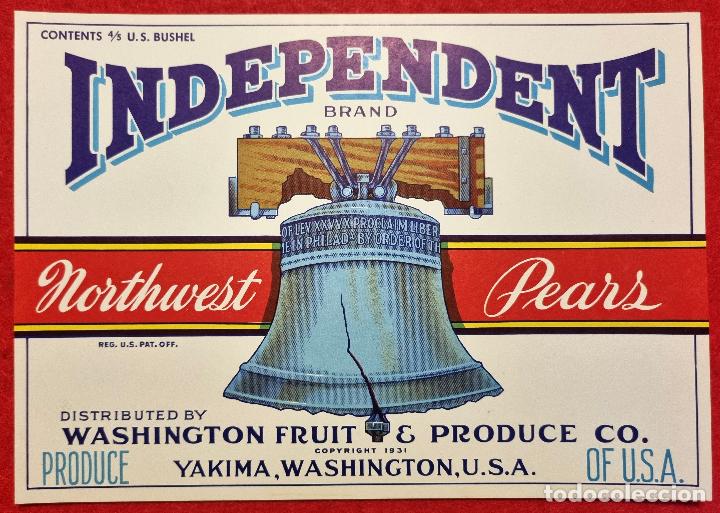Sammeln von Plakaten: CARTEL ITO ETIQUETA USA INDEPENDENTE PERAS CAMPANA BLANCO WASHINGTON ORIGINAL K11