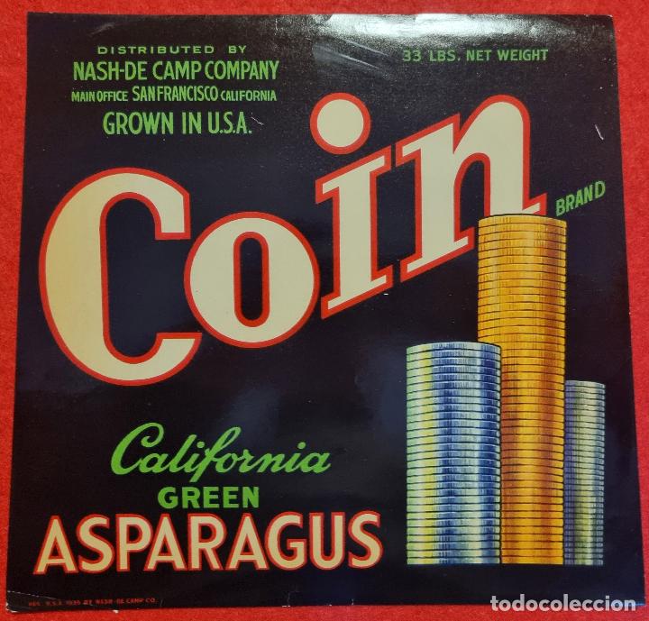 Poster collecting: CARTEL ITO ETIQUETA USA ESPARRAGOS COIN MONEDAS CALIFORNIA ORIGINAL K11