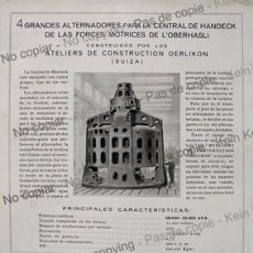 Coleccionismo de carteles: PPIOS. 1900-CARTEL-OERLIKON SUIZA-GENERADOR-CENTRAL DE VEMORK NORUEGA-BEAUHARNOIS CANADA-HANDECK. Lote 307157823
