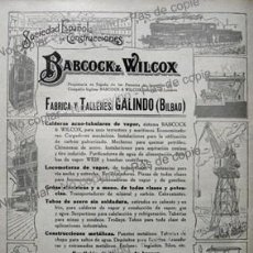 Coleccionismo de carteles: PPIOS. 1900-CARTEL-BABCOCK & WILCOX GALINDO BILBAO CALDERA LOCOMOTORA GRÚA-HUBER & AUTENRIETH HORNO. Lote 310444468