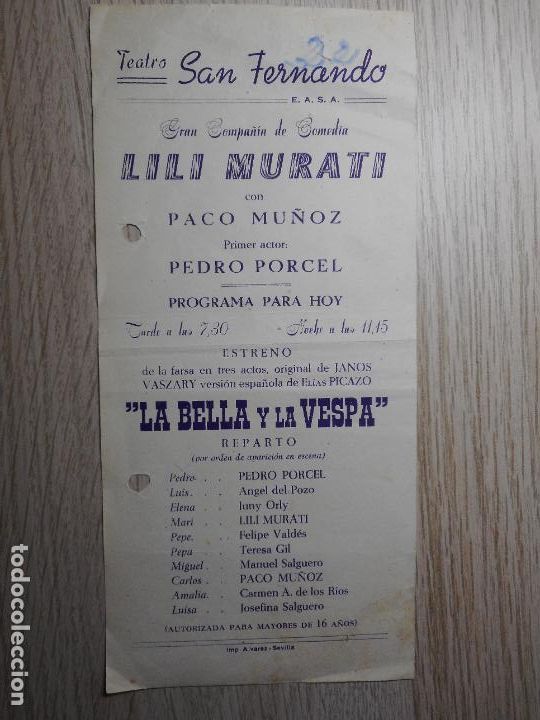 Coleccionismo de carteles: ANTIGUO CARTEL.TEATRO SAN FERNANDO.LA BELLA Y LA VESPA.LILI MURATI.PACO MU&Ntilde;OZ.PEDRO PORCEL.JUNY ORLY