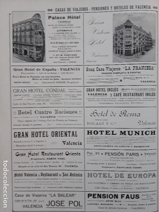 Collezionismo di affissi: CASAS DE VIAJEROS HOTELES Y PENSIONES VALENCIA PALACE REINA VICTORIA CONDAL INGLES ORIENTAL 1917