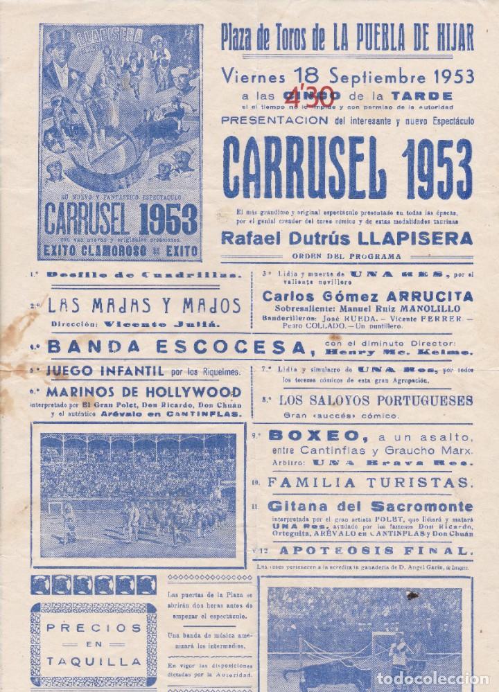 Coleccionismo de carteles: cartel plaza de Toros de la Puebla de Hijar Teruel 22x32 ctms. Carrusel 1953