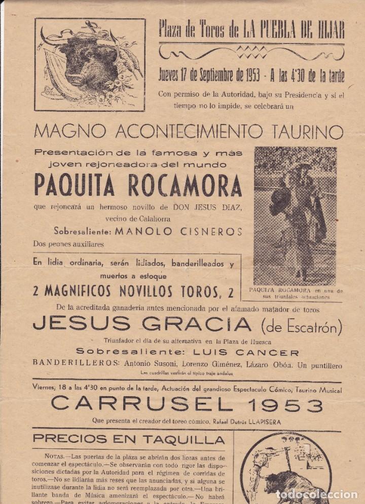 Coleccionismo de carteles: Plaza de Toros de la Puebla de Hijar Teruel 1953 22x32ctms Paquita Rocamora