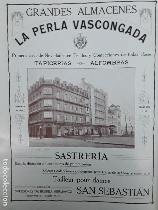 Collezionismo di affissi: GRANDES ALMACENES LA PERLA VASCONGADA TAPICERIAS ALFOMBRAS SASTRERIA TRAJES HOJA A&Ntilde;O 1917