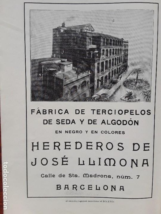 Colecionismo de cartazes: FABRICA DE TERCIOPELOS DE SEDA Y ALGODON HEREDEROS DE JOSE LLIMONA BARCELONA HOJA A&Ntilde;O 1916