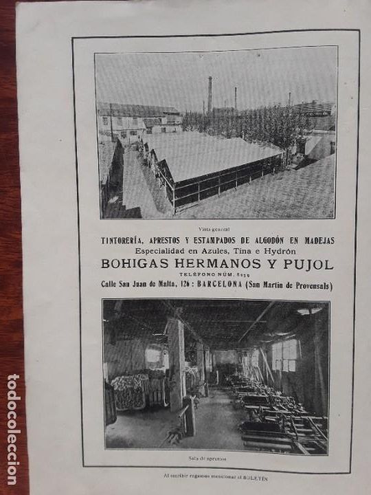 Colecionismo de cartazes: BOHIGAS HERMANOS Y PUJOL TINTORERIA APRESTOS ESTAMPADOS ALGODON MADERA SAN MARTIN PROVENSALS 1916
