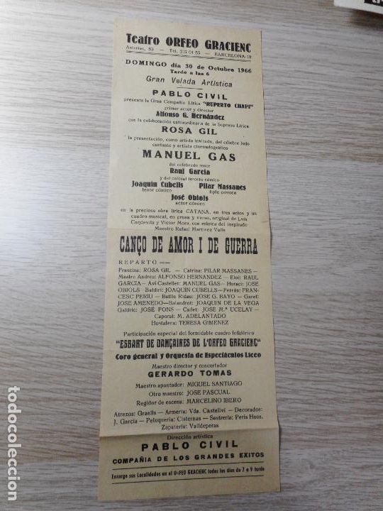 Coleccionismo de carteles: ORFEO GRACIENC 1966.PABLO CIVIL.ROSA GIL.MANUEL GAS.JOAQUIN CUBELLS.JOSE OBIOLS.PILAR MASSANES