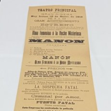 Coleccionismo de carteles: CARTEL. TEATRO PRINCIPAL. CÁDIZ. 1915. GRAN CINEMA. MANÓN. CON PRECIOS. 14 X 32 CM