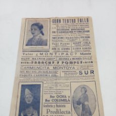 Coleccionismo de carteles: CARTEL. GRAN TEATRO FALLA. 1946. ESPECTÁCULO DE VARIEDADES Y CIRCENSE. PUBLICIDAD ÉPOCA. 21 X 31