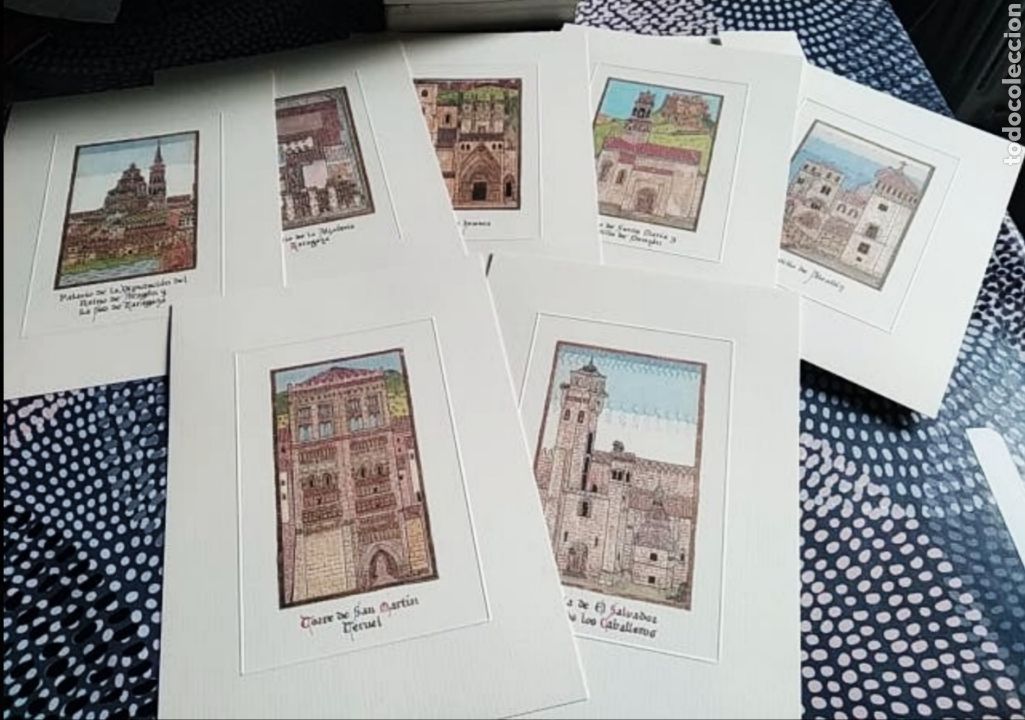 Coleccionismo de carteles: Colecci&oacute;n de 7 Ilustraciones de sedes de Cortes de Arag&oacute;n. 20 a&ntilde;os rehabilitaci&oacute;n Aljaferia