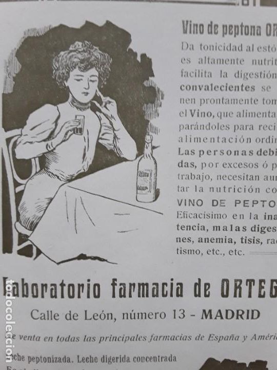 Collezionismo di affissi: VINO DE PEPTONA ORTEGA LECHE PEPTONIZADA LECHE DIGERIDA LABORATORIO FARMACIA ORTEGA MADRID 1907
