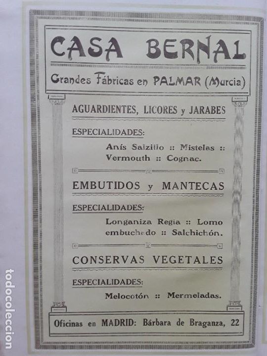 Sammeln von Plakaten: CASA BERNAL GRANDES FABRICAS PALMAR MURCIA ANIS SALZILLO CONSERVAS EMBUTIDOS LICORES HOJA 1926