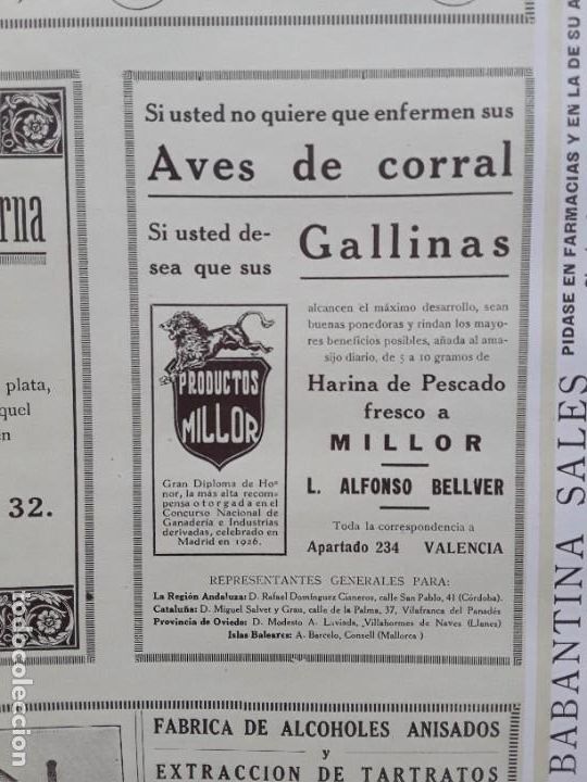 Collezionismo di affissi: HARINA PESCADO FRESCO A MILLOR L.ALFONSO BELLVER PRODUCTOS MILLOR VALENCIA GALLINAS HOJA A&Ntilde;O 1926
