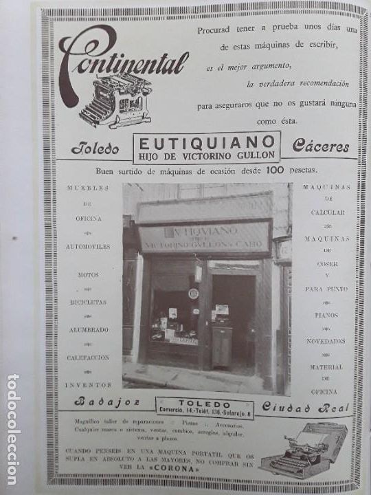 Coleccionismo de carteles: MAQUINAS ESCRIBIR EUTIQUIANO HIJO DE VICTORINO GULLON TOLEDO MAQUINA CONTINENTAL LA CORONA 1926