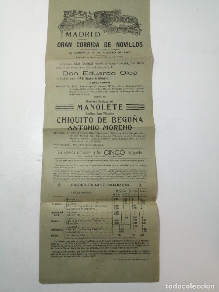 Coleccionismo de carteles: Cartel de toros Madrid Gran corrida de novillos 18 agosto de 1907 Manolete