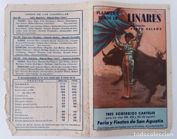 Coleccionismo de carteles: FOLLETO TAURINO DE MANO PLAZA TOROS LINARES, FERIA Y FIESTAS SAN AGUST&Iacute;N.