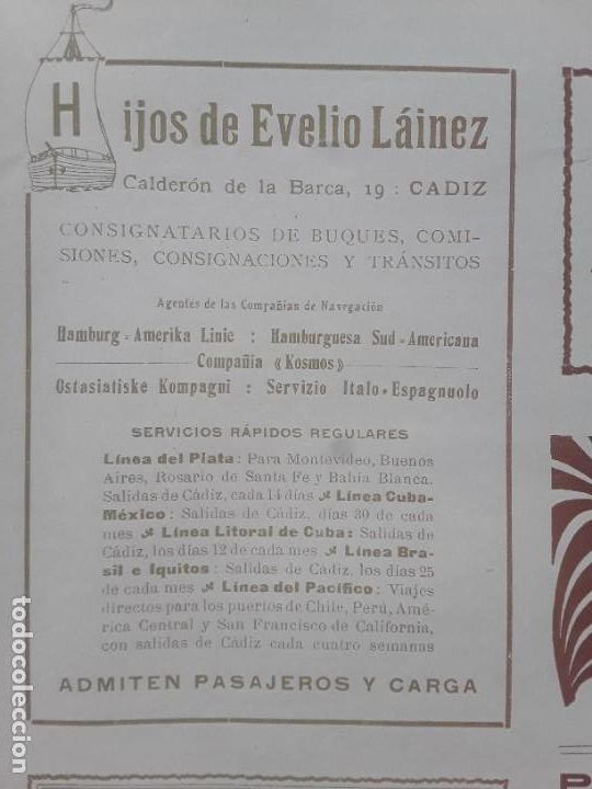 Poster collecting: HIJOS DE EVELIO LAINEZ CADIZ CONSIGNATARIO DE BUQUES AGENTES COMPA&Ntilde;IA NAVEGACION HOJA A&Ntilde;O 1913
