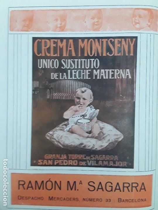 Colecionismo de cartazes: CREMA MONTSENY SUSTITUTO LECHE MATERNA GRANJA TORRE SAGARRA SAN PEDRO VILAMAJOR RAMON SAGARRA 1913