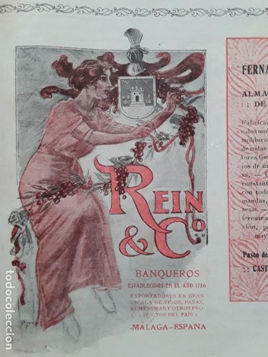 Colecionismo de cartazes: REIN & C&ordf; BANQUEROS MALAGA EXPORTADORES VINOS,PASAS ,ALMENDRAS HOJA A&Ntilde;O 1913