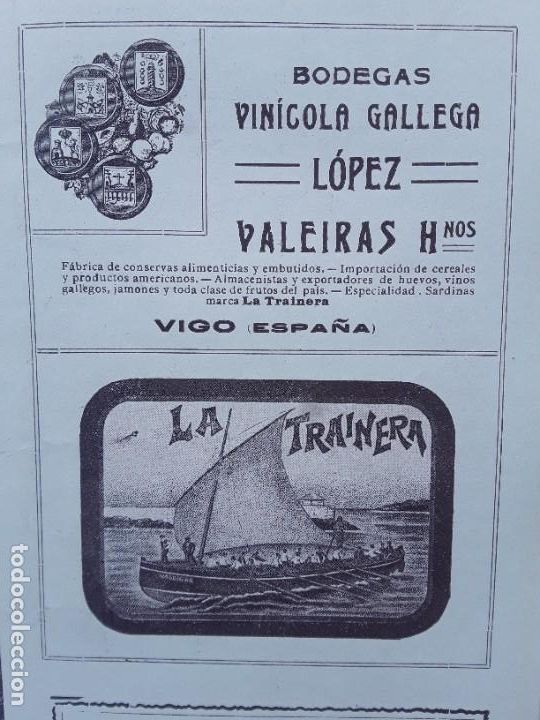 Collezionismo di affissi: BODEGAS VINICOLA GALLEGA LOPEZ VALEIRAS Y HERMANOS FABRICA CONSERVAS ALIMENTICIAS LA TRAINERA 1913