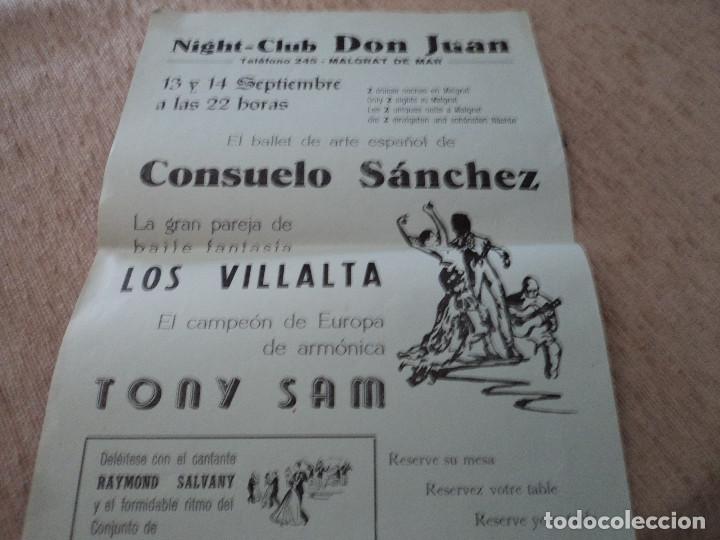 Collectionnisme d'affiches: night club don juan, malgrat de mar, consuelo sanchez, los villalta y tony sam, a&ntilde;os 60