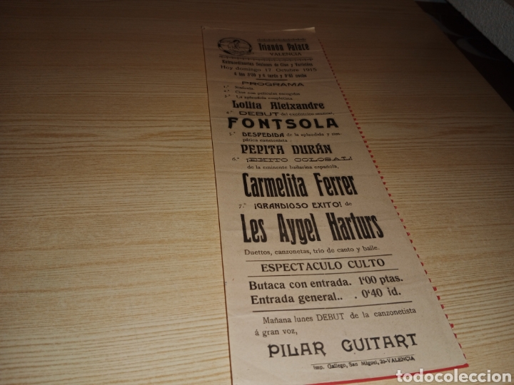 Coleccionismo de carteles: Antiguo programa del Trian&oacute;n Palace de Valencia. 1915 - Foto 1