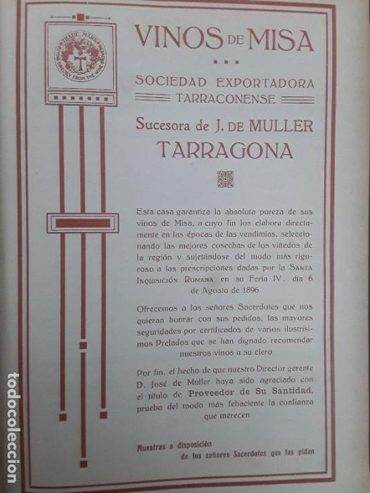 Collezionismo di affissi: VINOS DE MISA SOCIEDAD EXPORTADORA TARRACONENSE SUCESORA DE J.DE MULLER TARRAGONA HOJA A&Ntilde;O 1919
