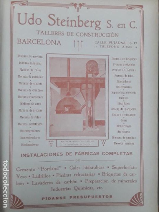 Collezionismo di affissi: TALLERES DE CONSTRUCCION UDO STEINBERG BARCELONA INSTALACIONES FABRICAS COMPLETAS HOJA A&Ntilde;O 1919