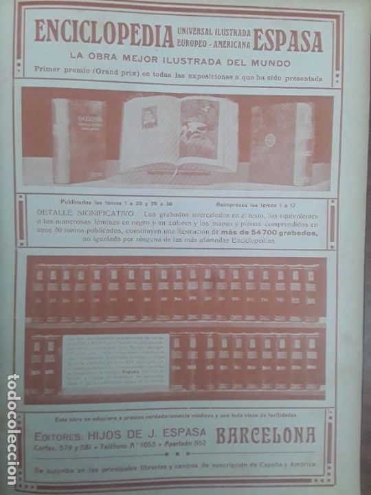 Collezionismo di affissi: ENCICLOPEDIA UNIVERSAL ILUSTRADA EUROPEA AMERICANA ESPASA HIJOS DE J.ESPASA BARCELONA HOJA A&Ntilde;O 1919