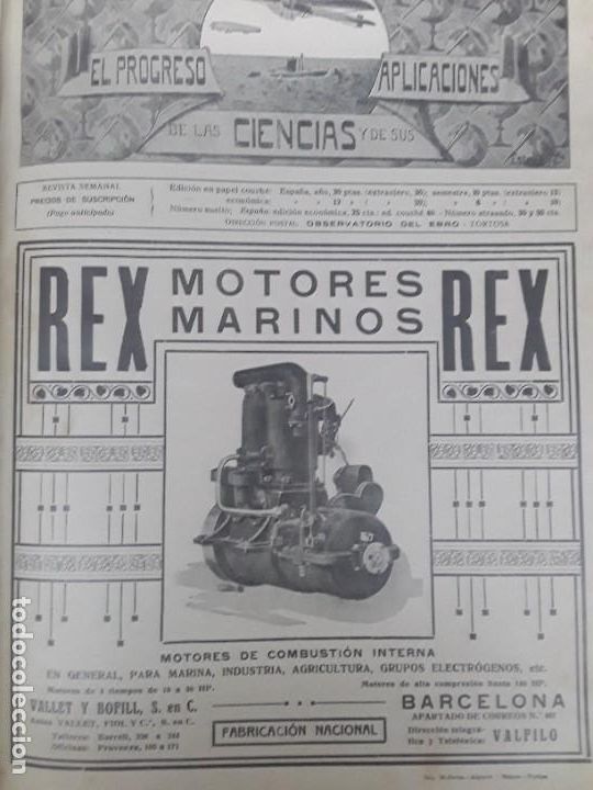 Colecionismo de cartazes: MOTORES MARINOS REX MOTORESCOMBUSTION INTERNA VALLET Y BOFILL BARCELONA HOJA A&Ntilde;O 1919
