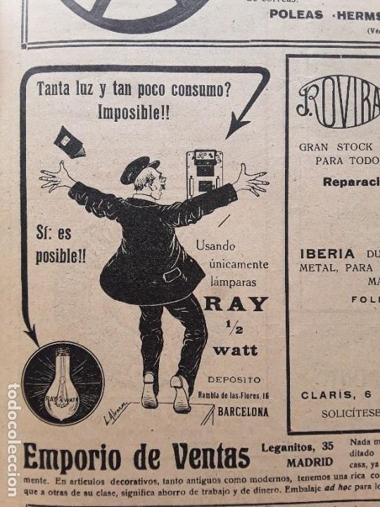 Collectionnisme d'affiches: LAMPARA RAY 1/2 VATIO WATT BARCELONA CL/ RAMBLA DE LAS FLORES 16 HOJA A&Ntilde;O 1919