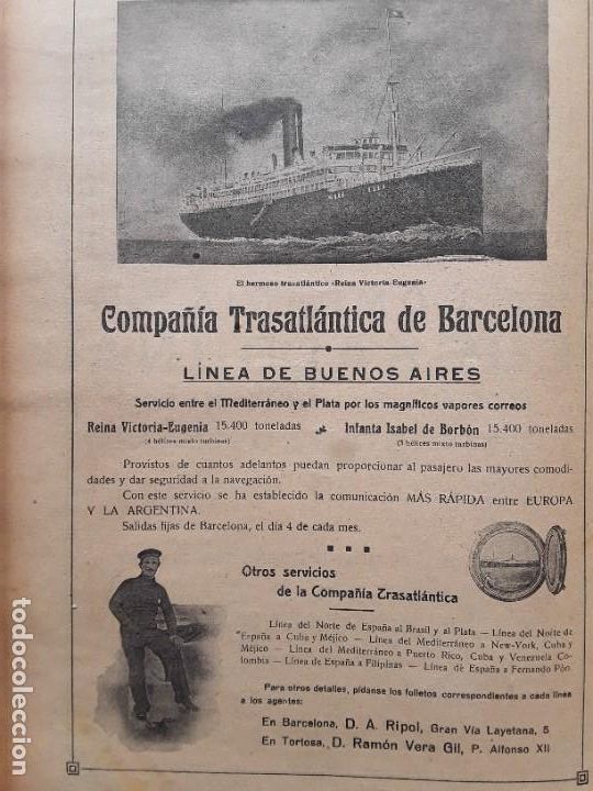 Coleccionismo de carteles: COMPA&Ntilde;IA TRASATLANTICA DE BARCELONA LINEA BUENOS AIRES TRASATLANTICO REINA VICTORIA EUGENIA A&Ntilde;O 1919