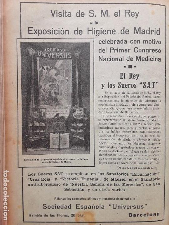Colecionismo de cartazes: SUEROS SAT EXPOSICION HIGIENE MADRID TUBERCULOSIS ALFONSO XIII HOJA A&Ntilde;O 1919