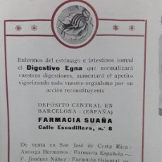 Coleccionismo de carteles: DIGESTIVO EGNA FARMACIA SUAÑA BARCELONA CL/ ESCUDILLERS 8 HOJA AÑO 1913. Lote 363170965