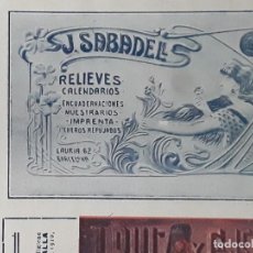 Coleccionismo de carteles: J.SABADELL RELIEVES CALENDARIOS ENCUADERNACIONES IMPRENTA BARCELONA HOJA AÑO 1913. Lote 363171530