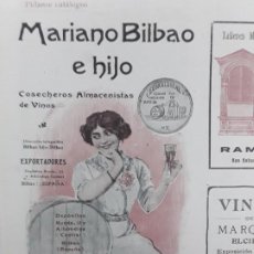 Coleccionismo de carteles: MARIANO BILBAO E HIJO COSECHERO ALMACENISTAS VINO VINOS RIOJA EUSKALDURAK HOJA AÑO 1913. Lote 363172105