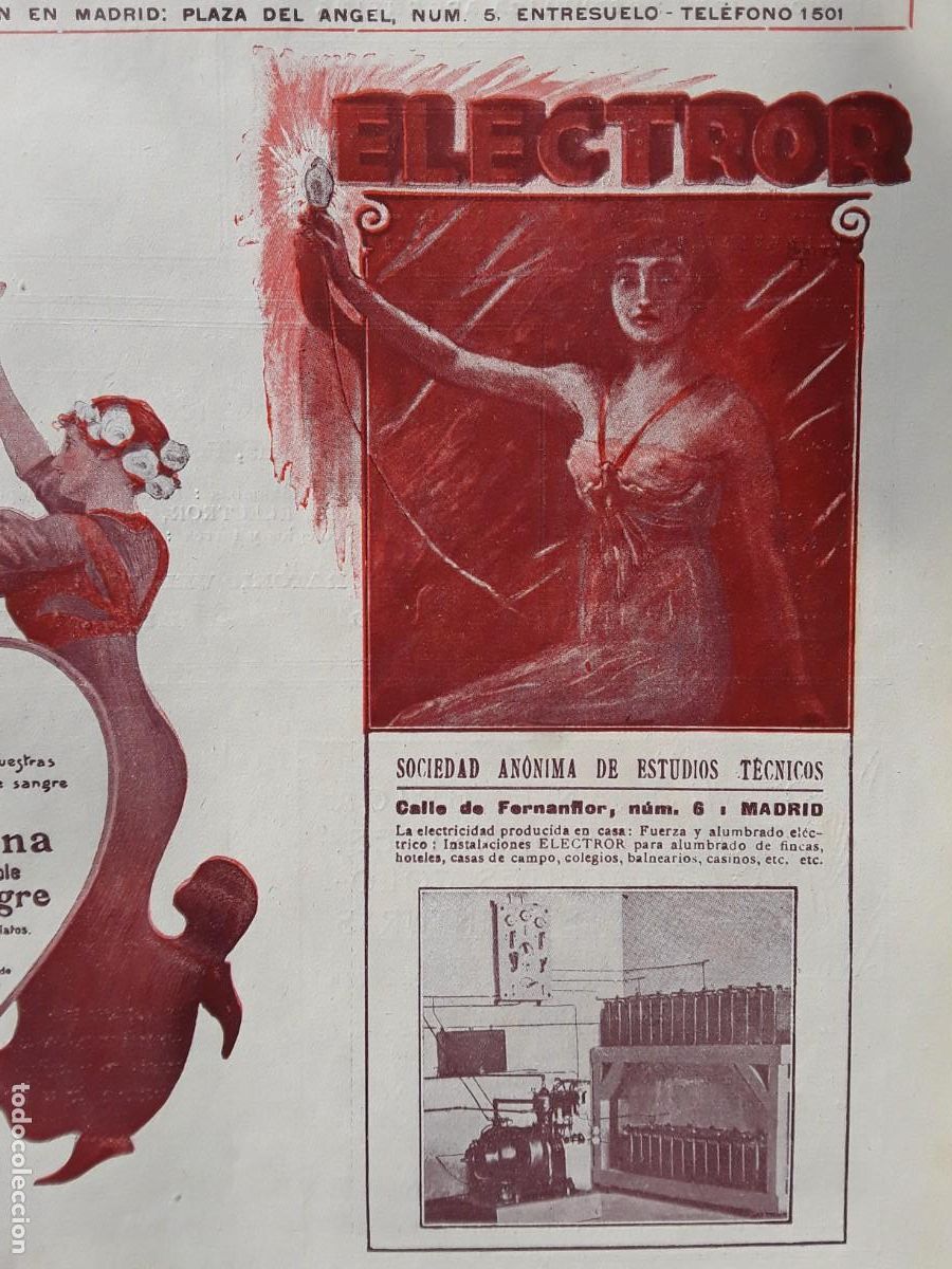Collezionismo di affissi: ELECTROR SOCIEDAD ANONIMA DE ESTUDIOS TECNICOS ELECTRICIDAD MADRID HOJA A&Ntilde;O 1913