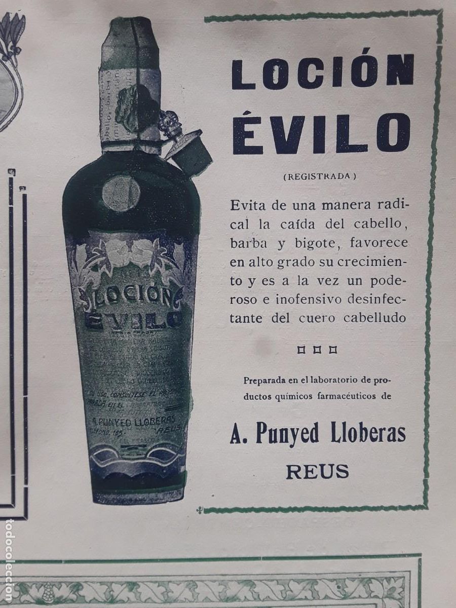 Collezionismo di affissi: LOCION EVILO CAIDA CABELLO BARBA BIGOTE LABORATORIO A.PUNYED LLOBERAS REUS HOJA A&Ntilde;O 1913
