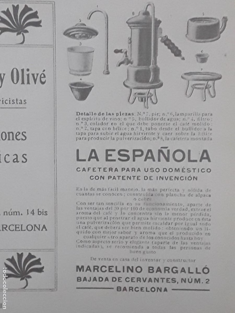 Sammeln von Plakaten: CAFETERA PARA USO DOMESTICO LA ESPA&Ntilde;OLA MARCELINO BARGALLO BARCELONA HOJA A&Ntilde;O 1913