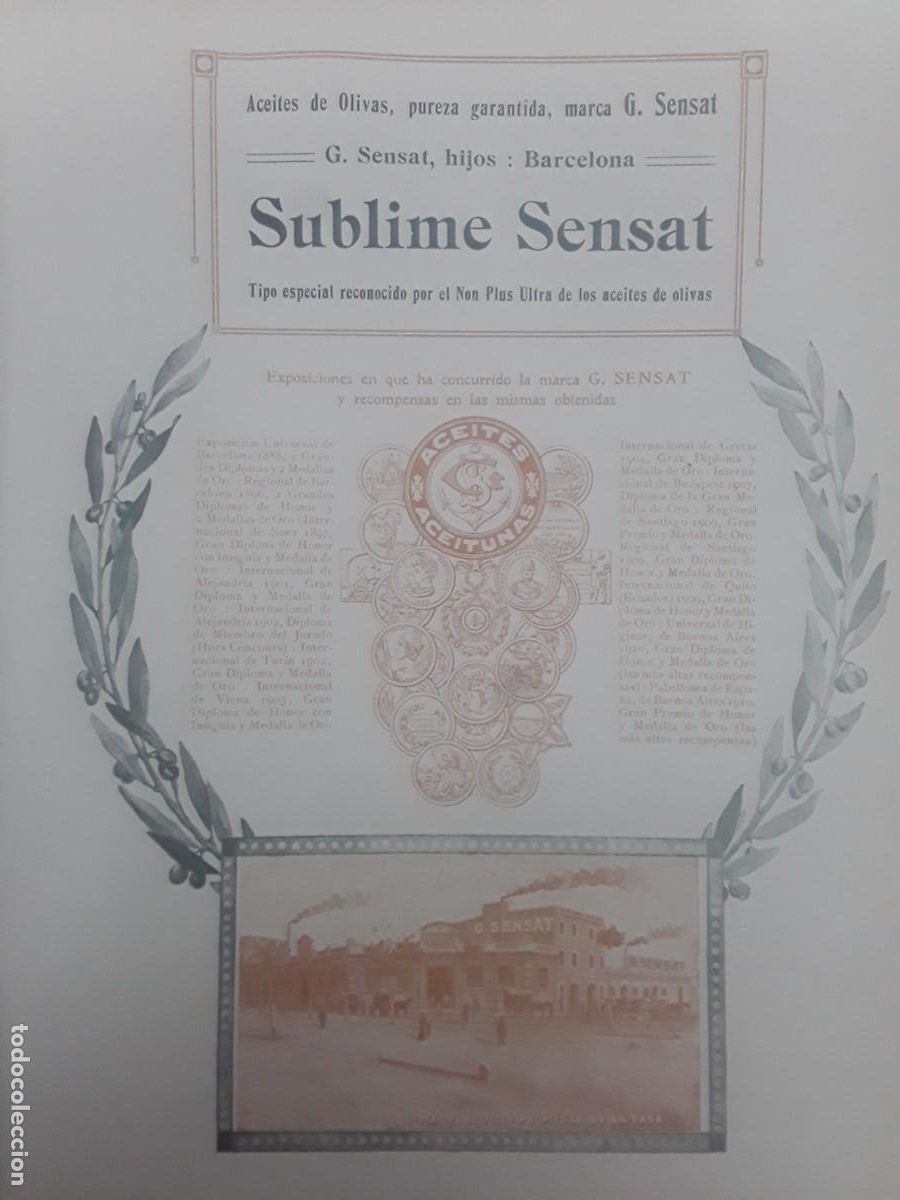 Collezionismo di affissi: ACEITES OLIVA ACEITUNAS MARCA G.SENSAT,HIJOS SUBLIME SENSAT BARCELONA HOJA A&Ntilde;O 1913