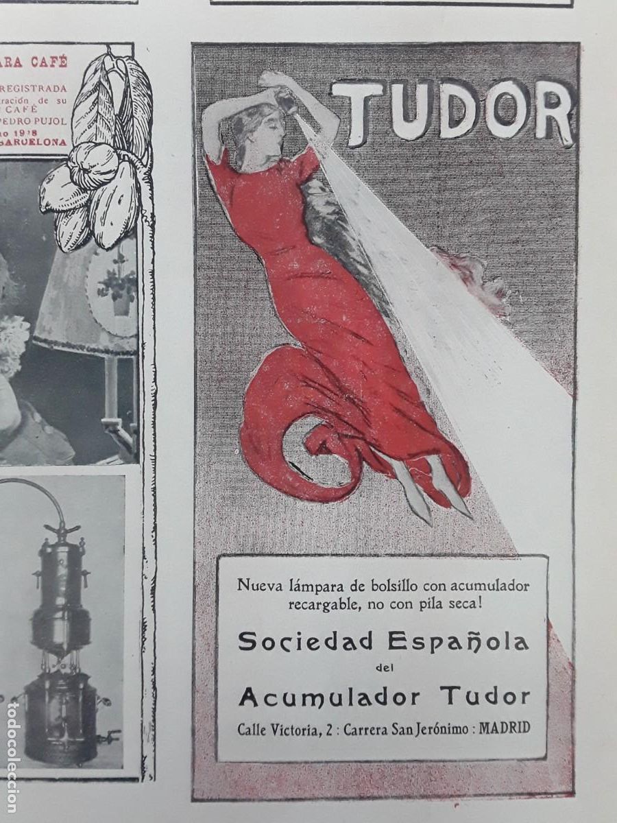 Collectionnisme d'affiches: SOCIEDAD ESPA&Ntilde;OLA DEL ACUMULADOR TUDOR MADRID LAMPARA BOLSILLO ACUMULADOR RECARGLABLE HOJA A&Ntilde;O 1913