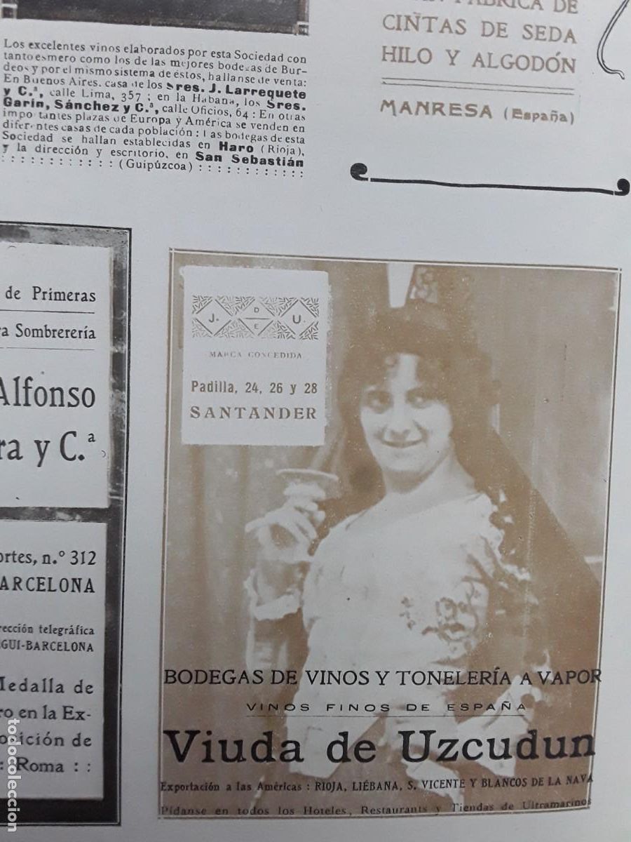 Colecionismo de cartazes: BODEGAS VINOS TONELERIA A VAPOR VIUDA DE UZCUDUN SANTANDER VINOS FINOS ESPA&Ntilde;A HOJA A&Ntilde;O 1913